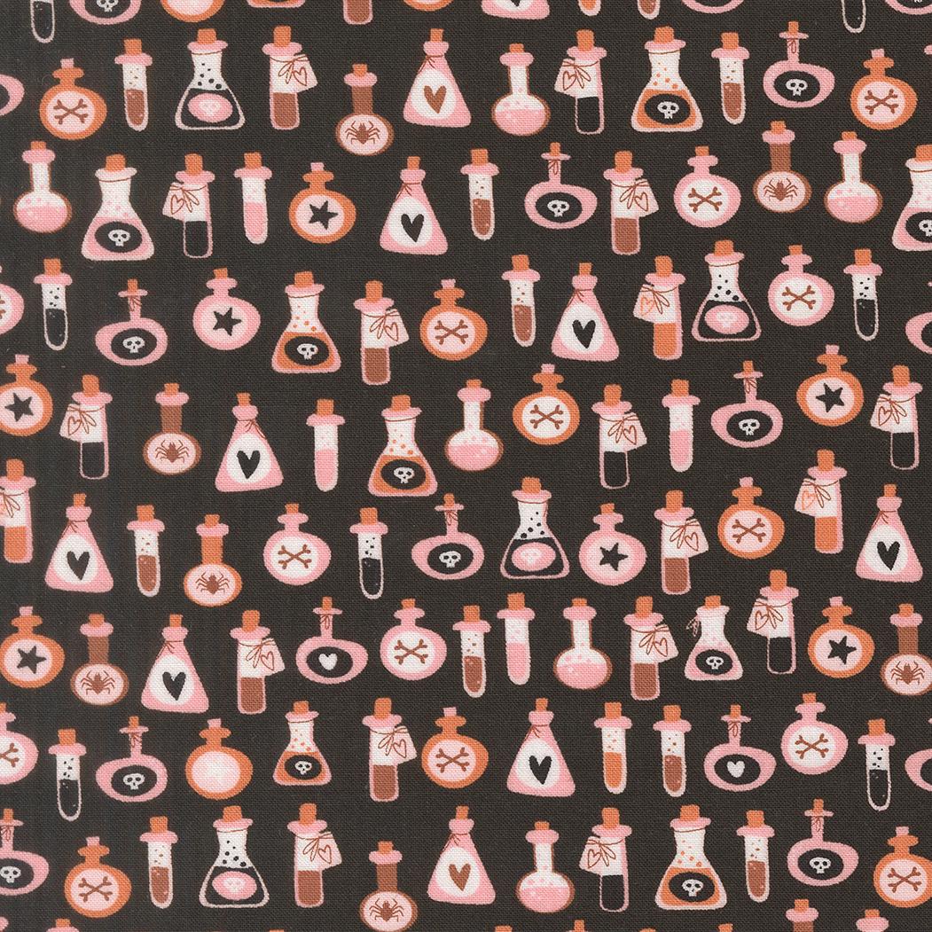 a repeating pattern of various bottles and containers, including vials, flasks, and other objects, all set against a dark background. The bottles are depicted in different shapes, sizes, and colors, creating a visually striking and diverse arrangement.