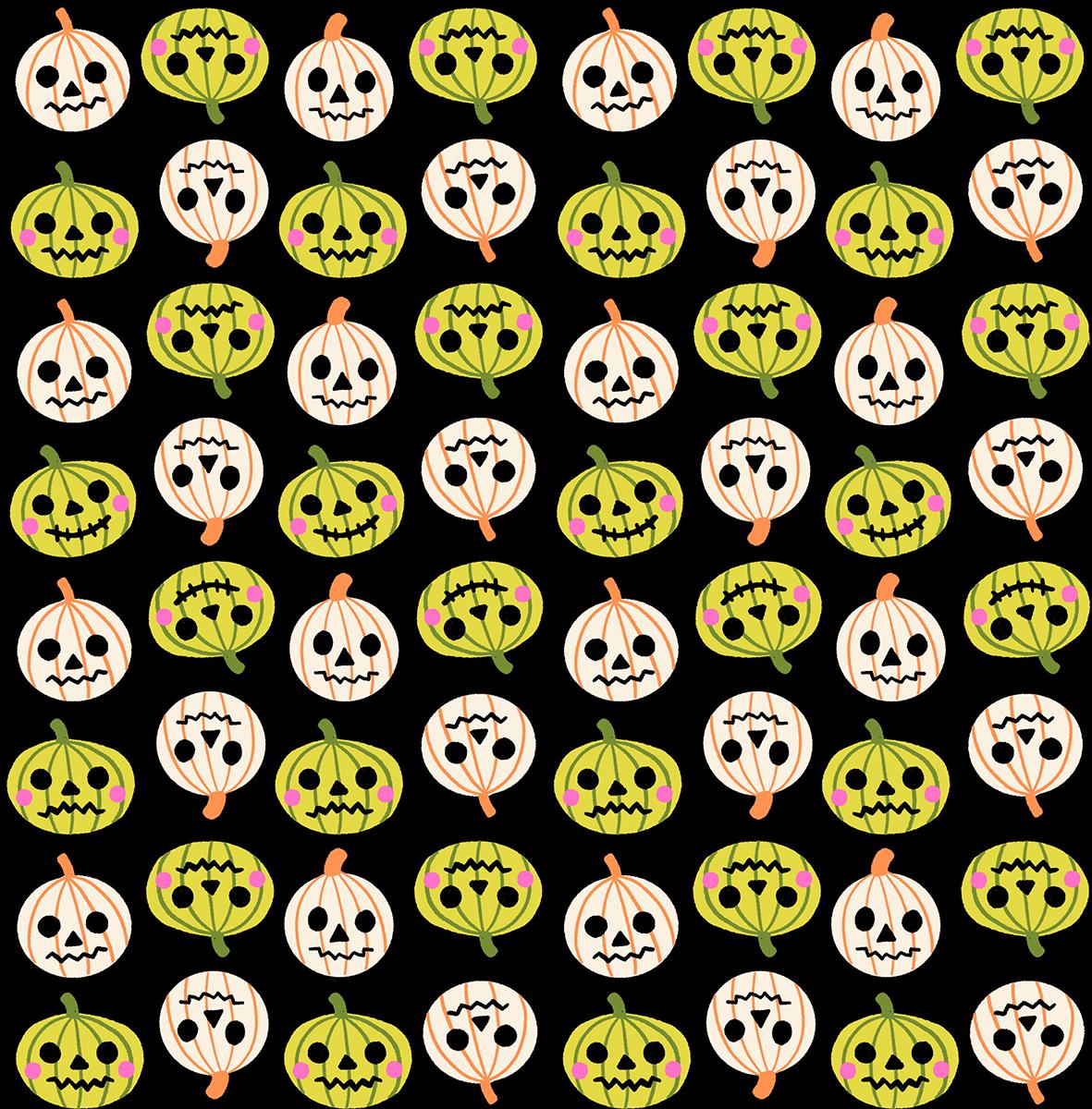 a repeating pattern of stylized pumpkins and skulls on a black background.