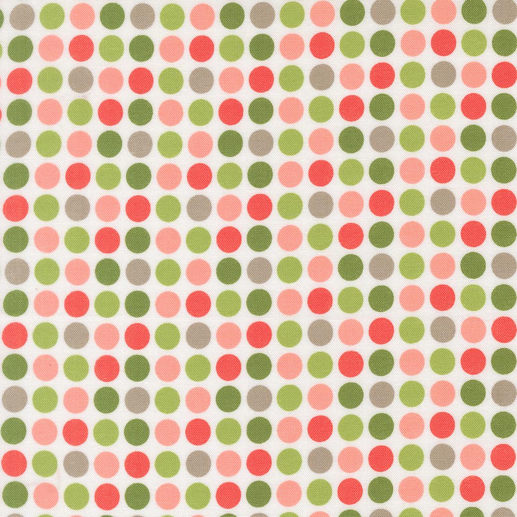 a repeating pattern of multicolored polka dots in shades of pink, green, and gray.
