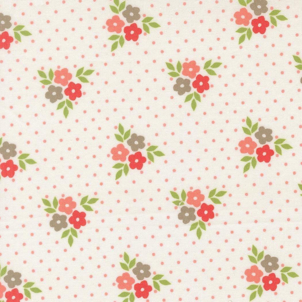 a repeating pattern of pink flowers with green leaves against a white background with pink polka dots.