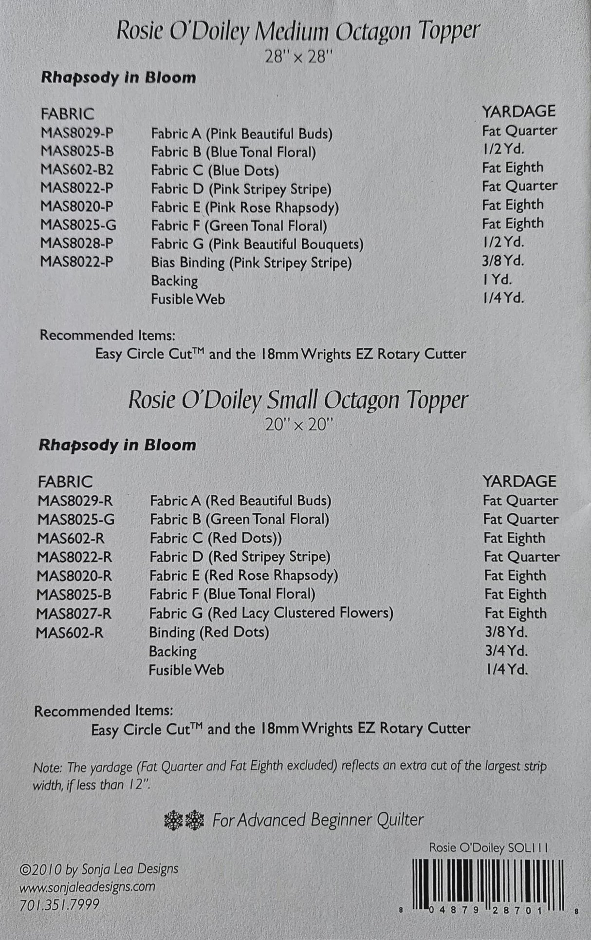 Rosie O' Doiley Octagon Table Topper Quilt Pattern by Sonja Lea Designs SLDIII-MSG Multiple sizes Printed Pattern Only