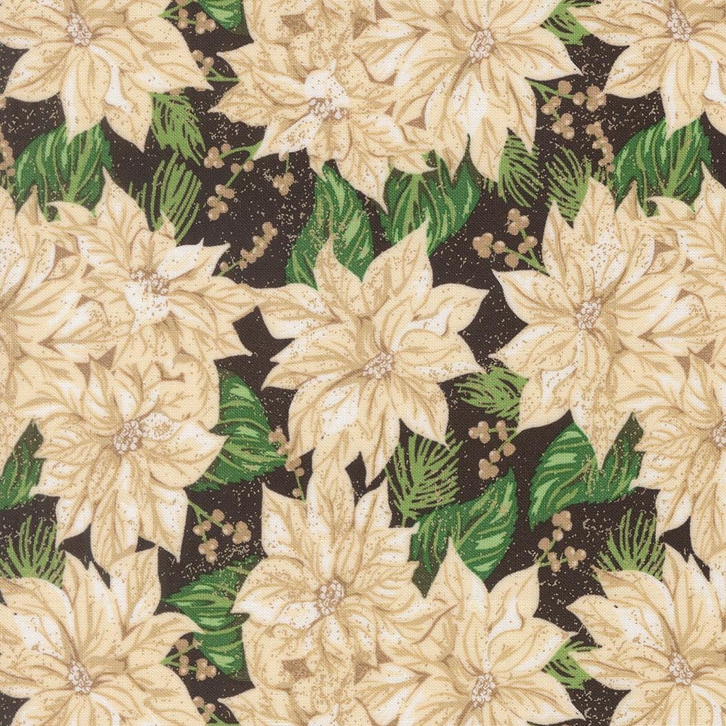 a repeating pattern of white poinsettia flowers against a dark background, with green leaves interspersed throughout the pattern.