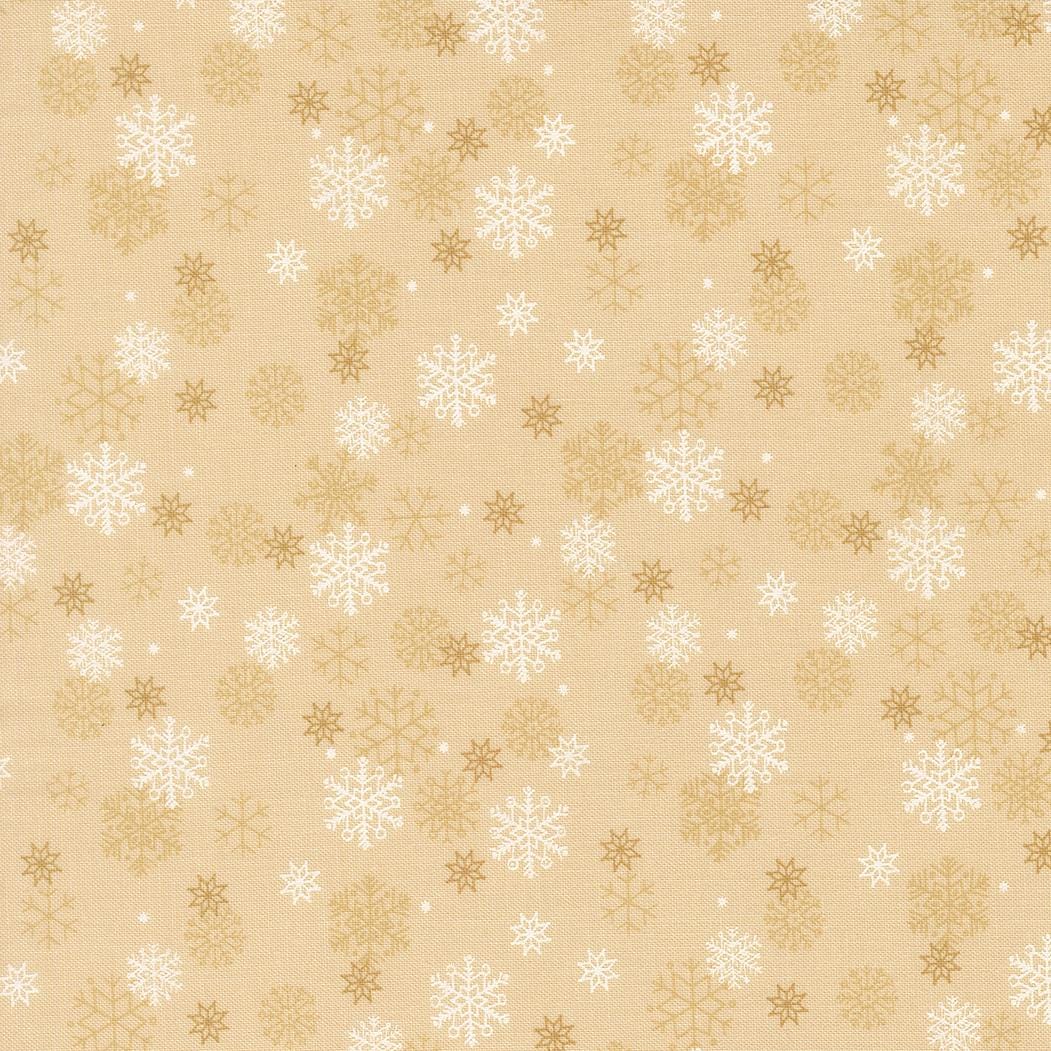 a repeating pattern of white and gold snowflakes on a beige background.