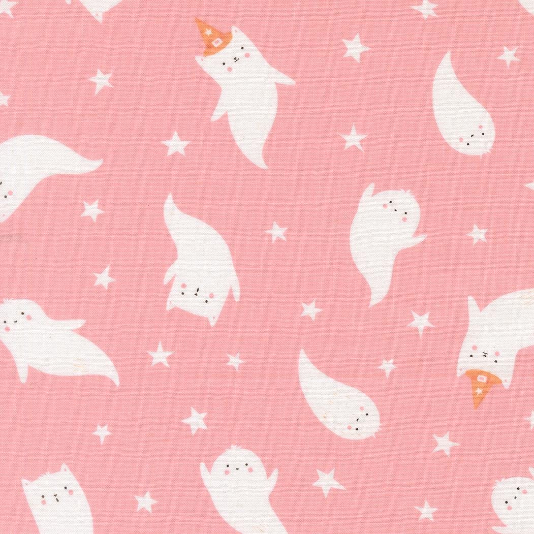 a playful and whimsical pattern of ghost-like figures and stars on a pink background.