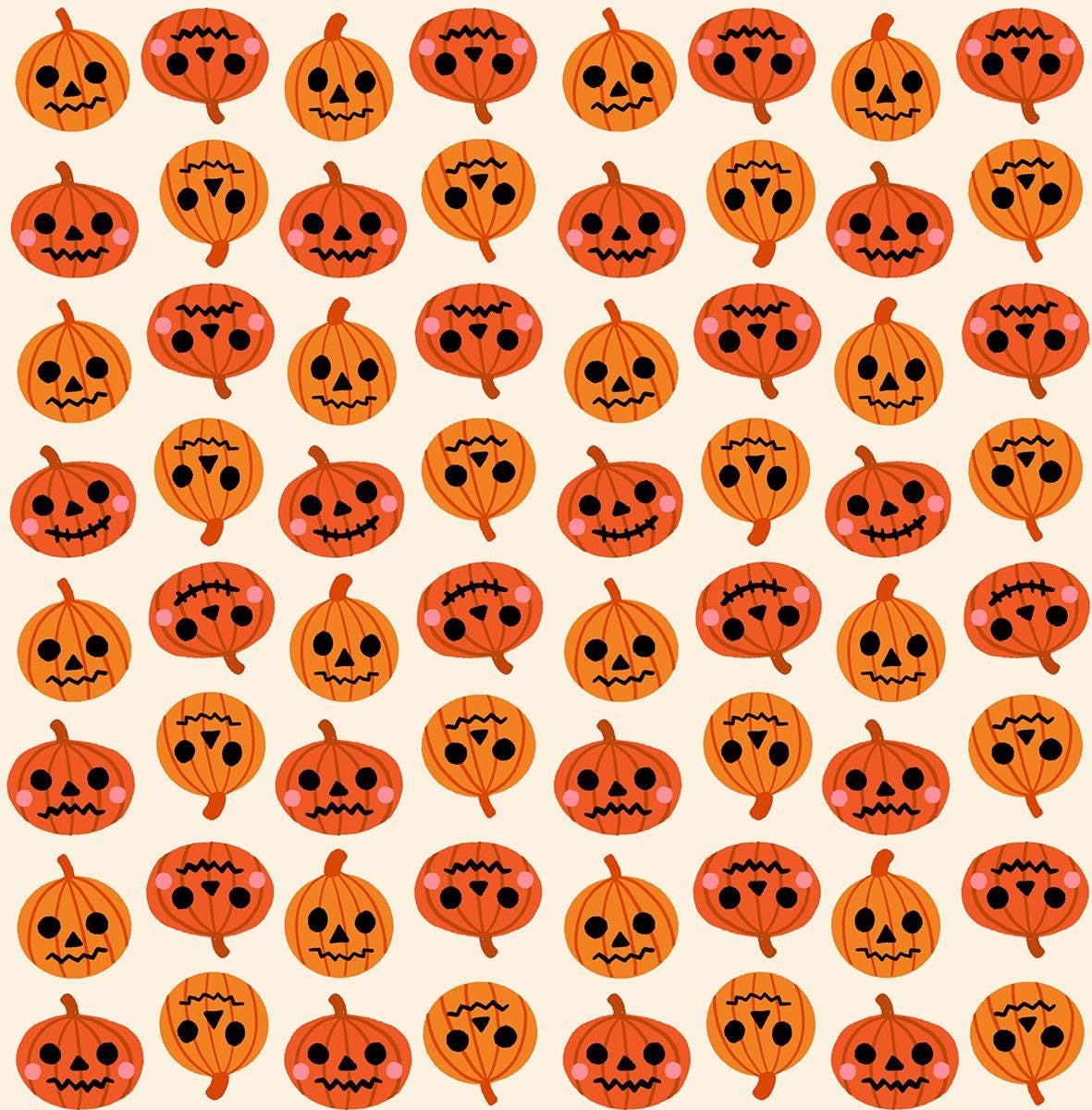 a repeating pattern of stylized pumpkins with faces, arranged in a grid-like layout.