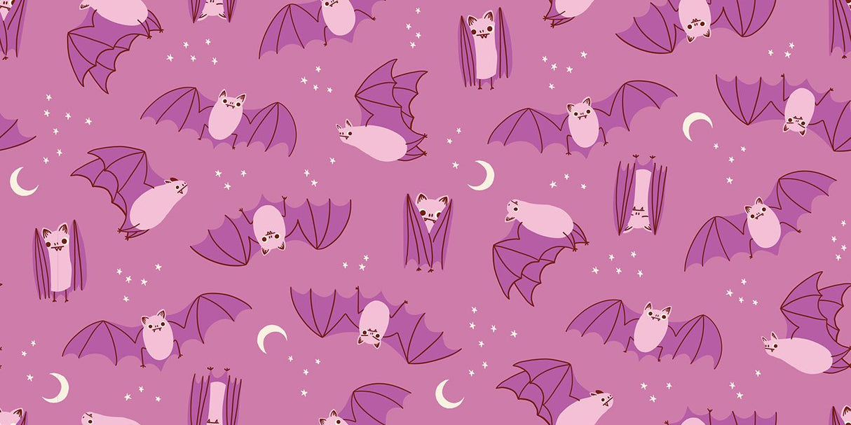a repeating pattern of bats and crescent moons against a pink background.