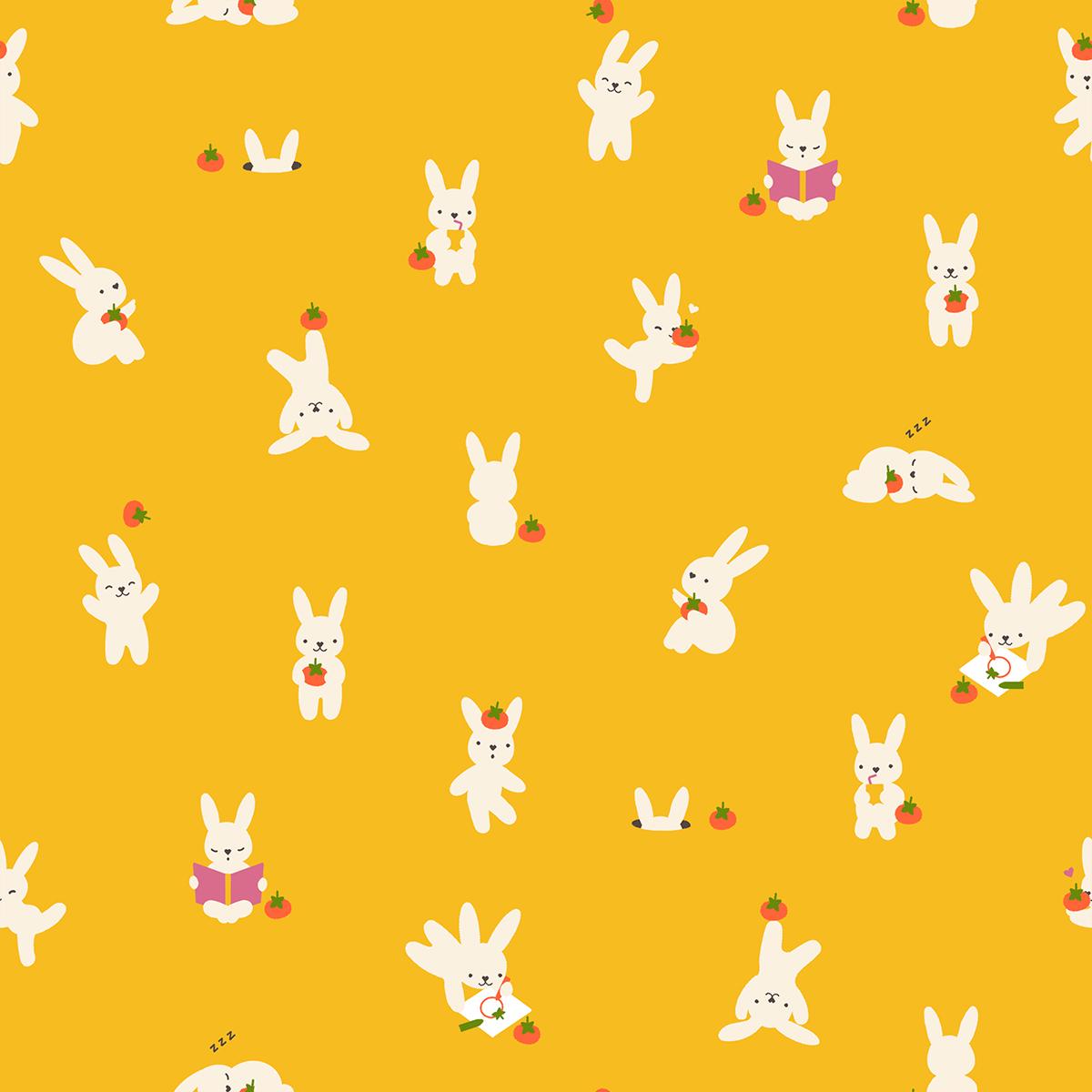 a repeating pattern of white rabbits against a bright yellow background. The rabbits are depicted in various poses, such as standing, sitting, and interacting with objects like carrots and books. The overall composition is simple and visually engaging, with the rabbits being the central focus of the image.