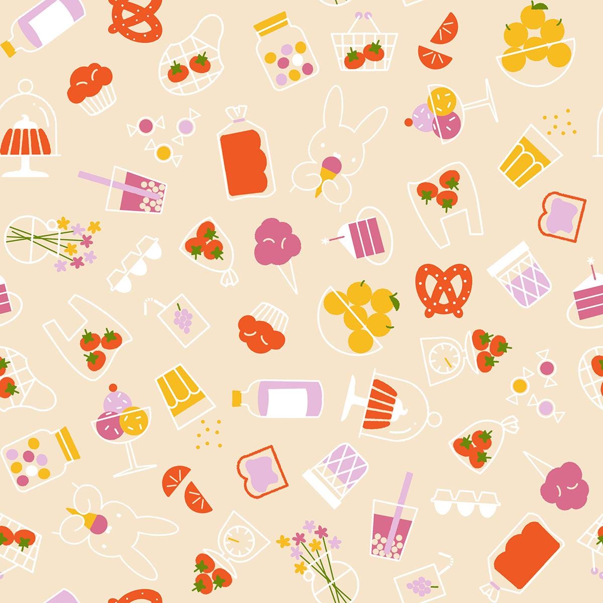 a variety of colorful and whimsical illustrations, including fruits, desserts, and other playful objects, arranged in a repeating pattern.
