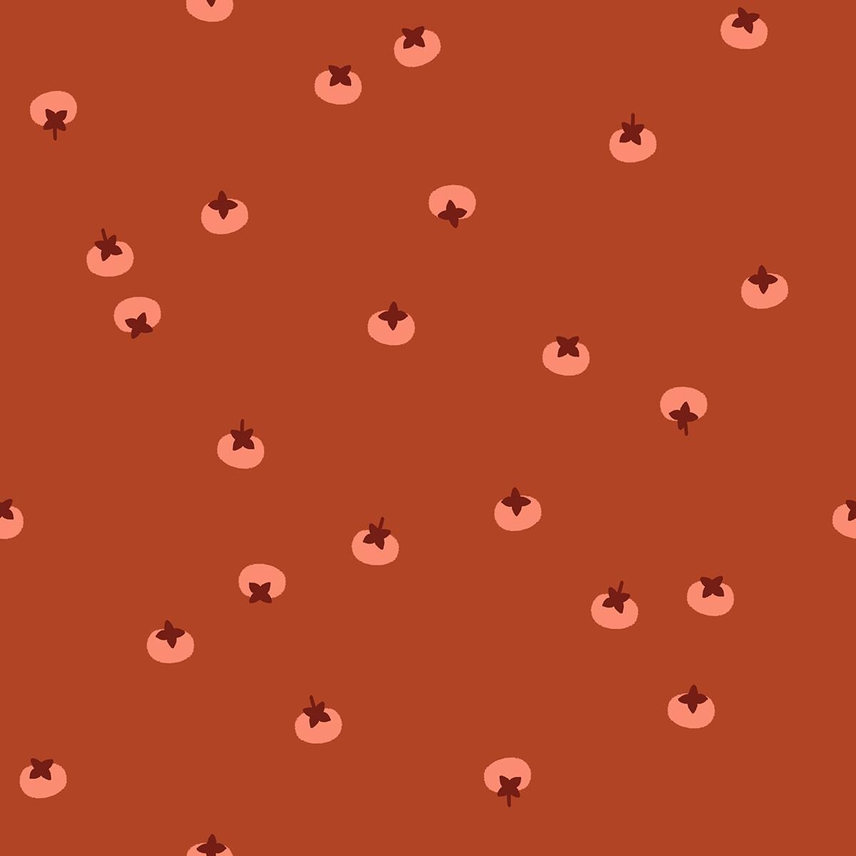 a repeating pattern of small, circular shapes in shades of orange and pink against a dark orange background.