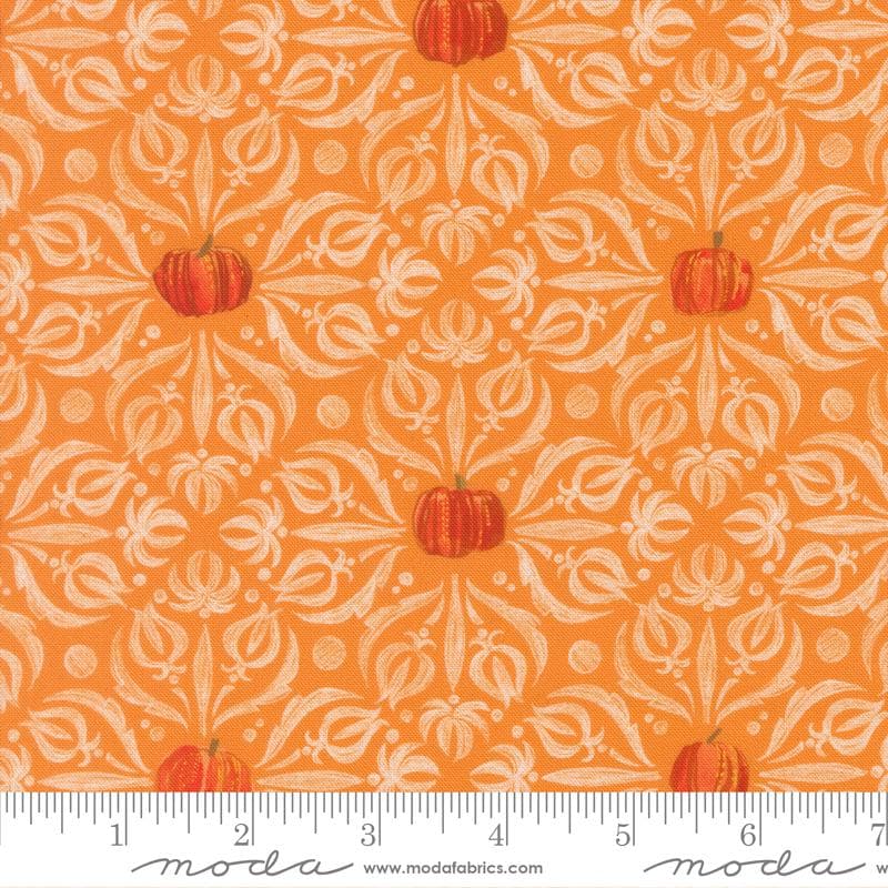 a repeating pattern of orange pumpkins against a white floral background.