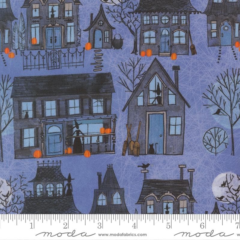The image is a collage of various Halloween-themed illustrations, including houses, pumpkins, bats, and other spooky elements. The illustrations are set against a dark blue background, creating a festive and eerie atmosphere.