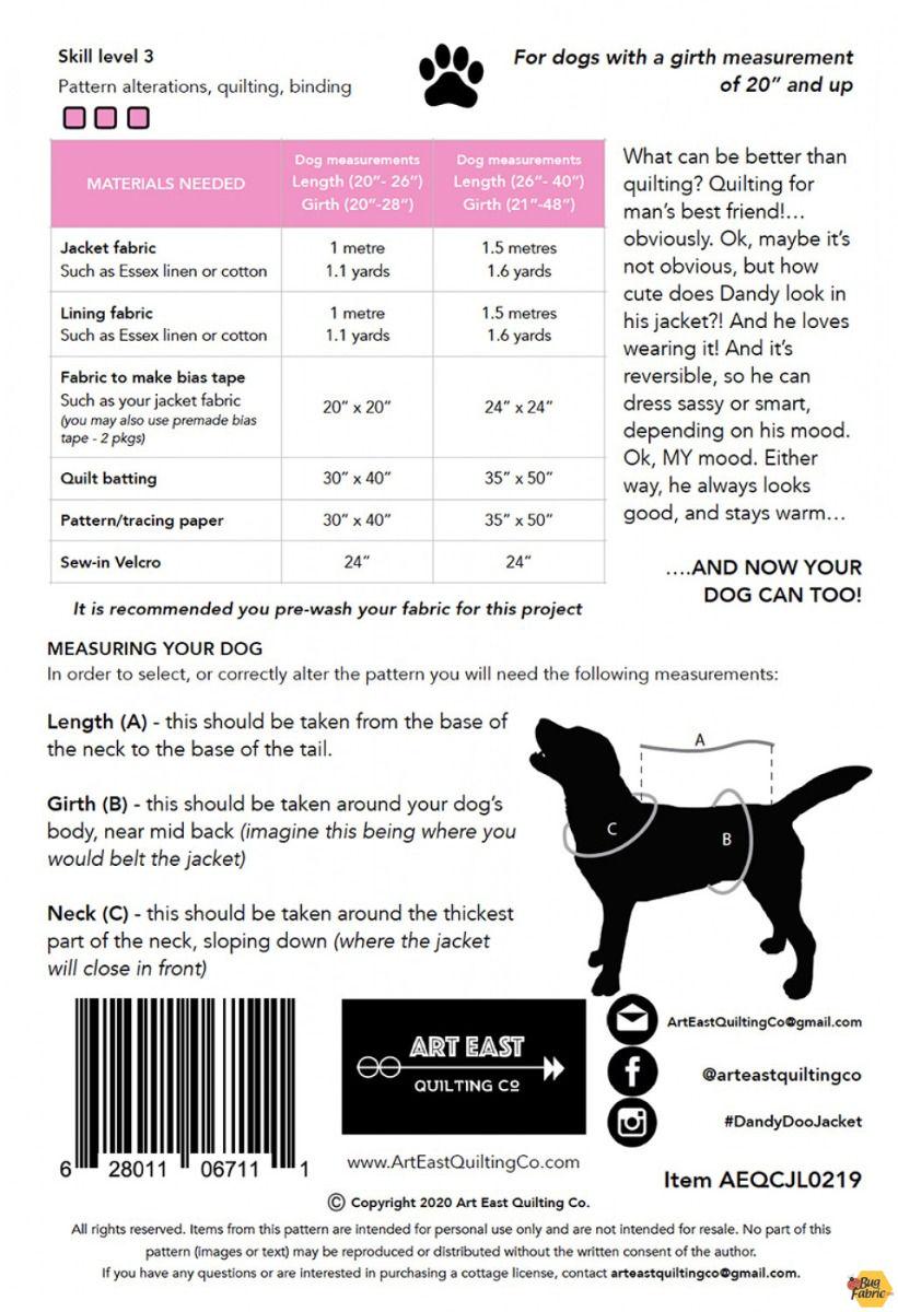 The Dandy Doo Jacket Pattern for MD/LG Dogs AEQCJL0219 Printed Pattern Booklet Only by Art East Quilting Co