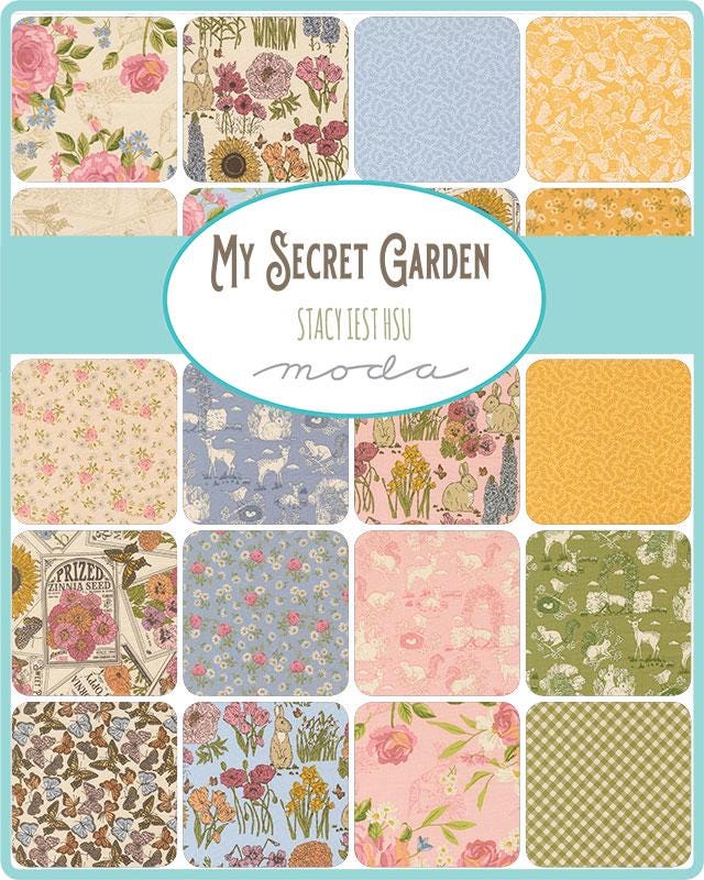 The image is a collage of various fabric patterns and designs, including floral, nature-inspired, and abstract patterns. The collage is titled "My Secret Garden" and includes a collection of fabric swatches in different colors and styles.