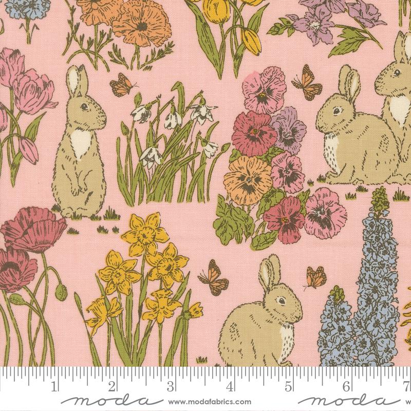 The image is a collage of various illustrations of rabbits, flowers, and butterflies, all set against a pink background.
