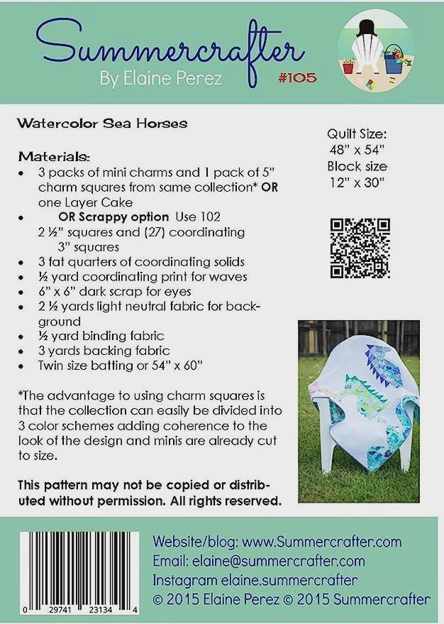 Watercolor Sea Horses Quilt Pattern only 105 by Elaine Perez for Summercrafter, quilt size 48" x 54"