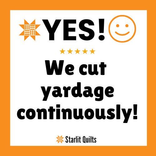 a message that reads "YES! We cut yardage continuously!" along with a smiley face and a star symbol. The text is written in a bold, black font against a white background.