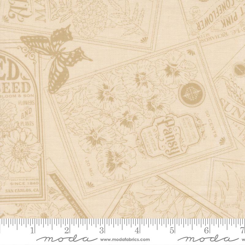 The image is a collage of various botanical illustrations and text, including a butterfly, flowers, and plant labels. The text and illustrations are in a sepia tone, giving the image a vintage or antique appearance.