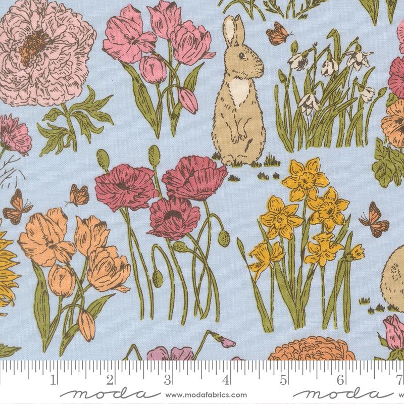 The image is a collage of various illustrations of flowers, including pink and orange flowers, yellow flowers, and a rabbit.