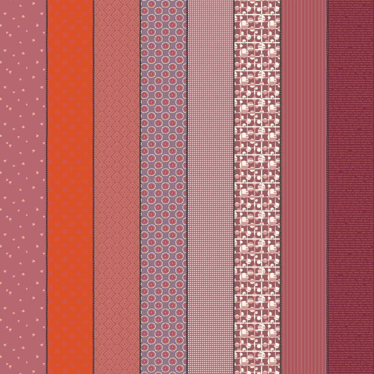 a collection of nine vertical stripes in various colors, including red, orange, pink, purple, and maroon. The stripes have different patterns and designs, creating a visually interesting and diverse arrangement.