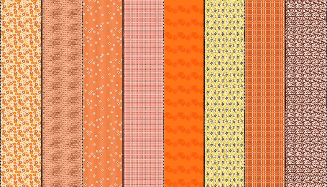 a collection of nine vertical stripes in various shades of orange, yellow, and brown, arranged in a grid-like pattern.