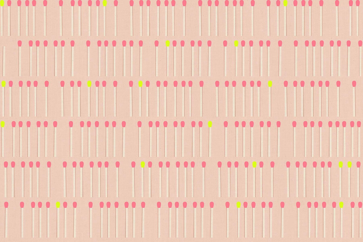 a repeating pattern of pink and white matchsticks arranged in rows and columns, with a single yellow matchstick standing out among the pink ones.