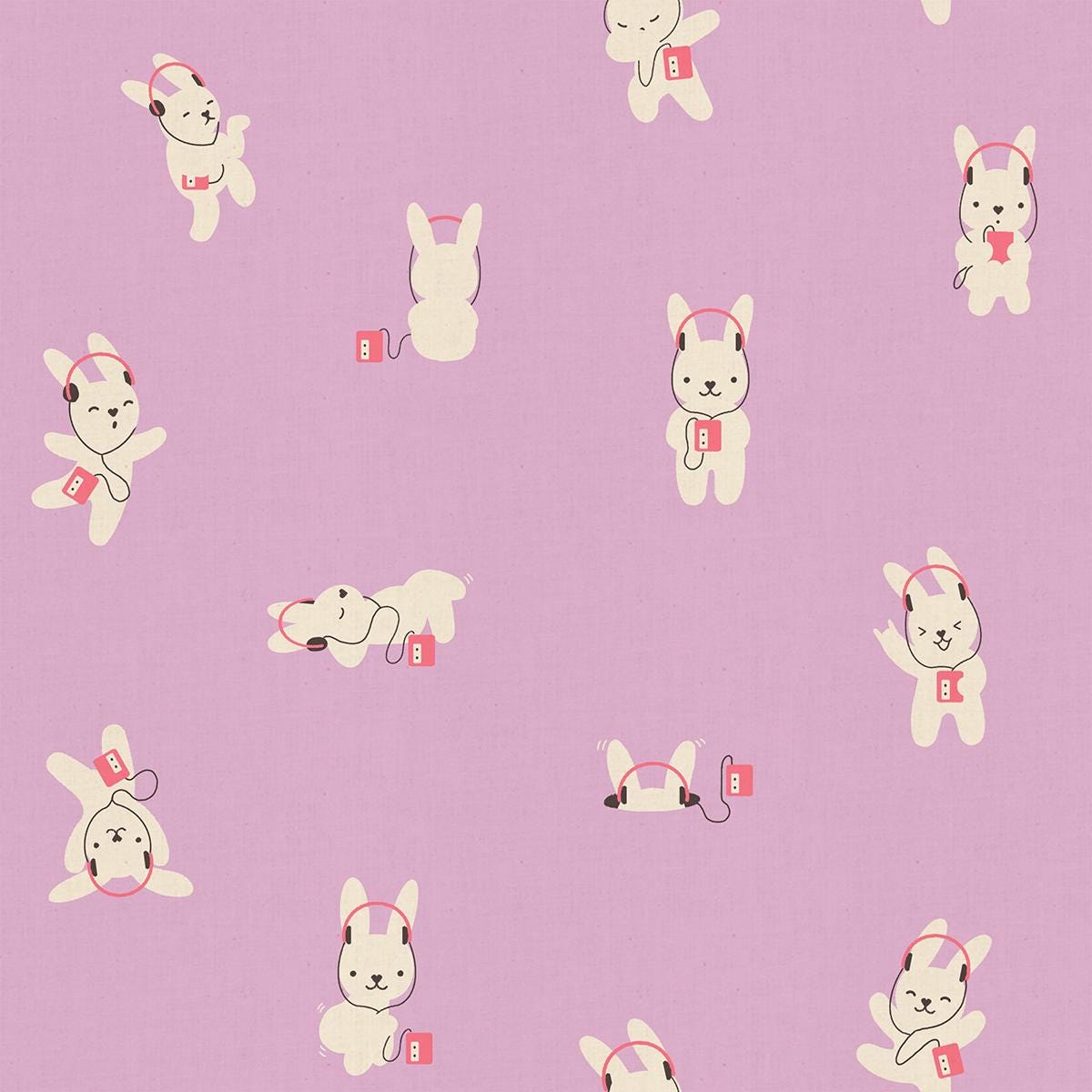 a repeating pattern of cartoon rabbits wearing headphones and holding small red squares.
