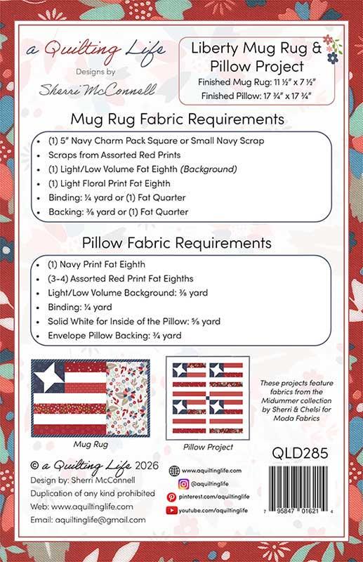 Liberty Mug Rug & Pillow Project QLD 285 Pattern A Quilting Life Designs by Sherri McConnell
