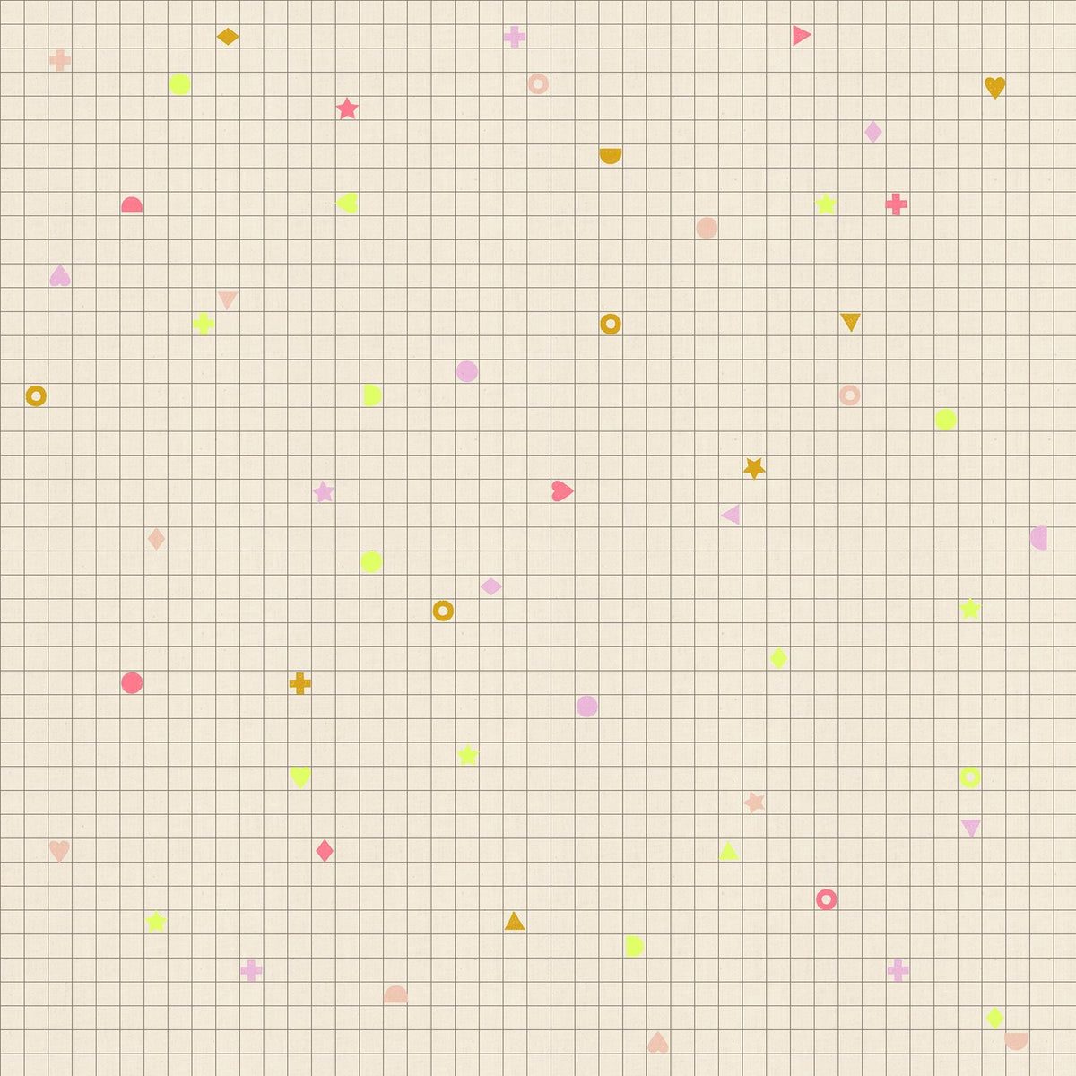 a grid-like pattern with various geometric shapes and symbols, including triangles, squares, and circles, scattered across the background.