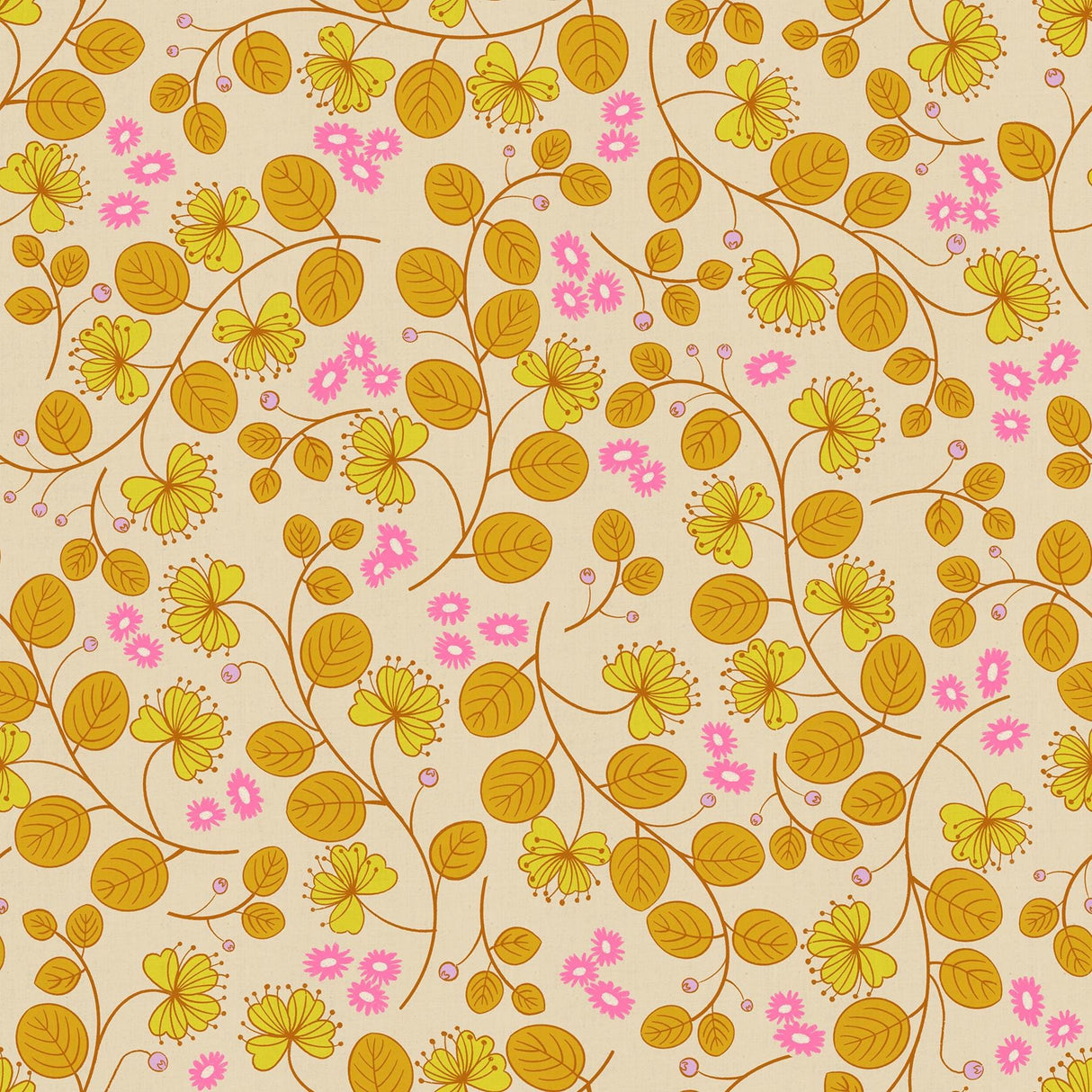 a repeating pattern of yellow and pink flowers and leaves on a light beige background.
