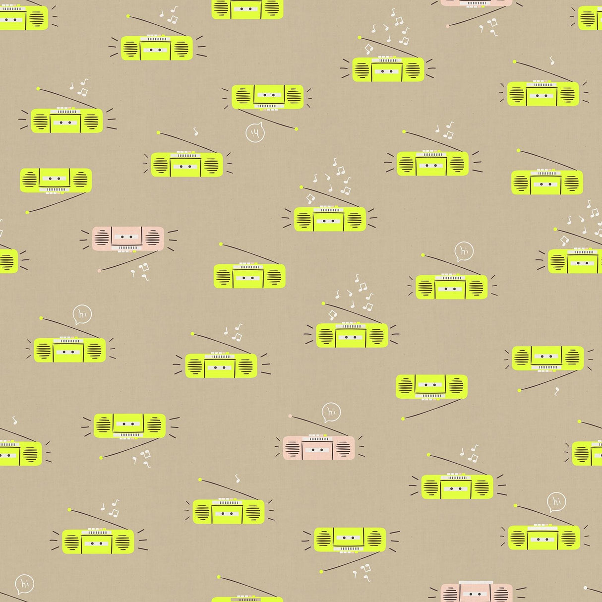 a repeating pattern of yellow and pink radio devices with musical notes scattered throughout the background.