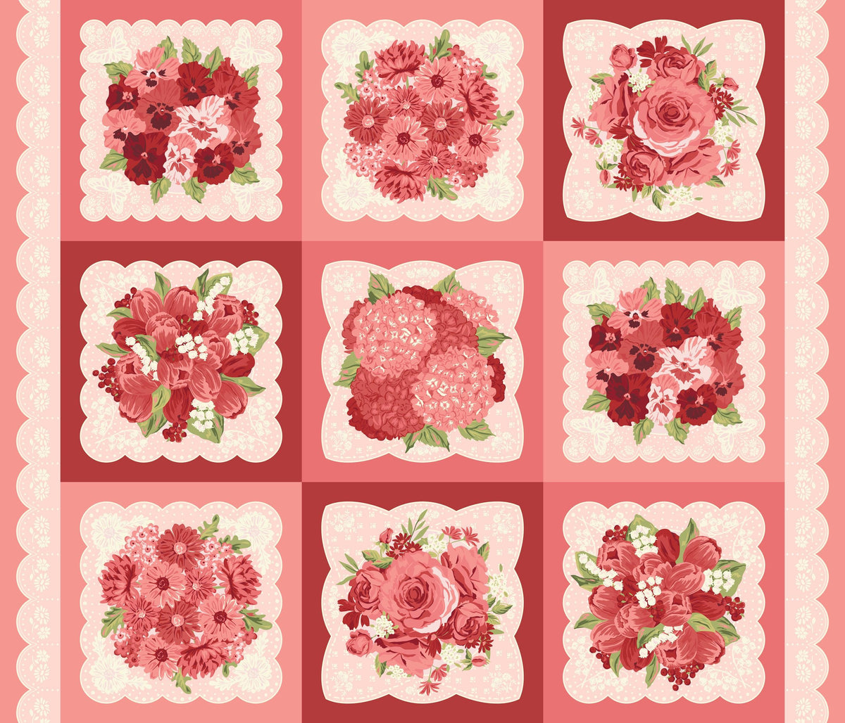 The image is a collage of nine floral arrangements, each featuring a variety of red flowers and greenery. The arrangements are arranged in a 3x3 grid pattern, creating a visually appealing and harmonious display.