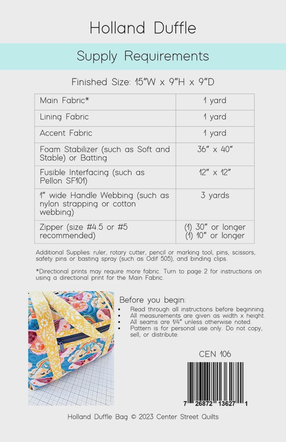 Holland Duffle Bag Pattern CEN106 by Center Street Quilts