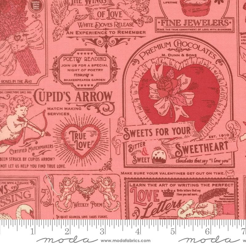 a pink fabric with pictures and words on it