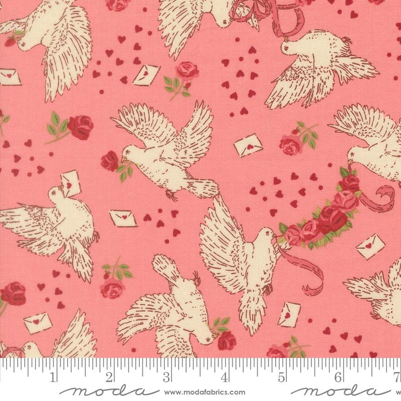 a repeating pattern of white doves with pink roses and envelopes on a pink background.
