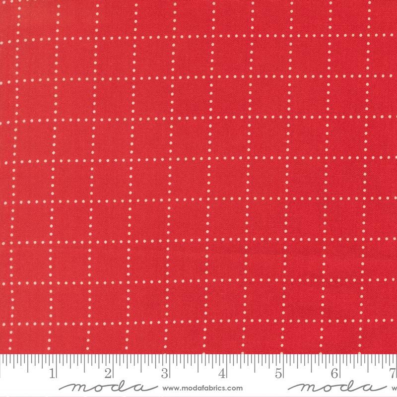 The image is a close-up of a red fabric with a grid pattern of small white dots.