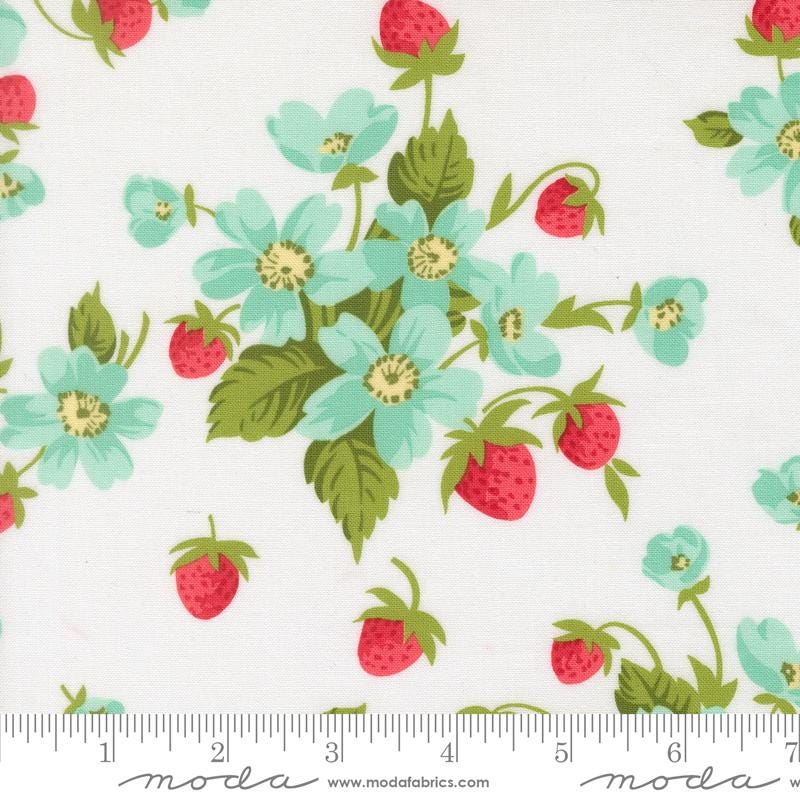 a repeating pattern of blue flowers with red strawberries on a white background.