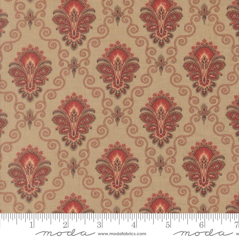 a repeating pattern of ornate floral designs in shades of red and beige. The pattern consists of a series of symmetrical floral motifs arranged in a grid-like fashion, creating a visually striking and intricate design.