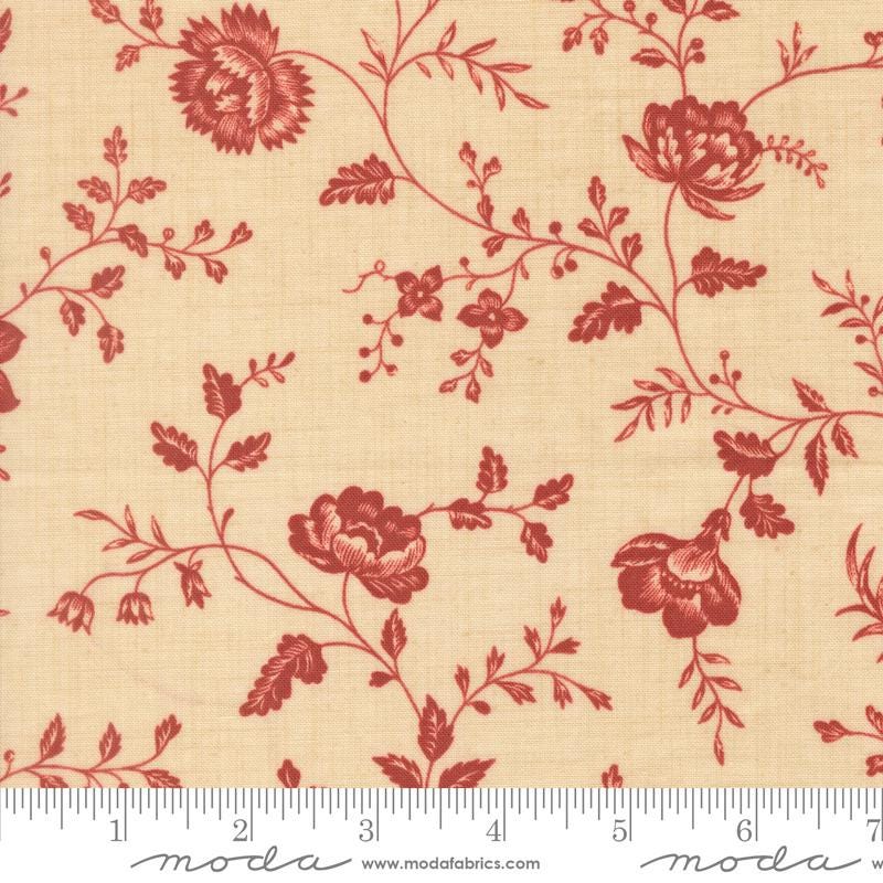 a repeating floral pattern with red flowers and leaves on a beige background.