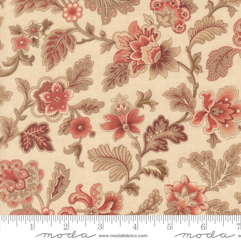 The image is a close-up of a fabric with a floral pattern in shades of brown and beige. The pattern features various flowers and leaves in different sizes and orientations, creating a visually appealing and intricate design.