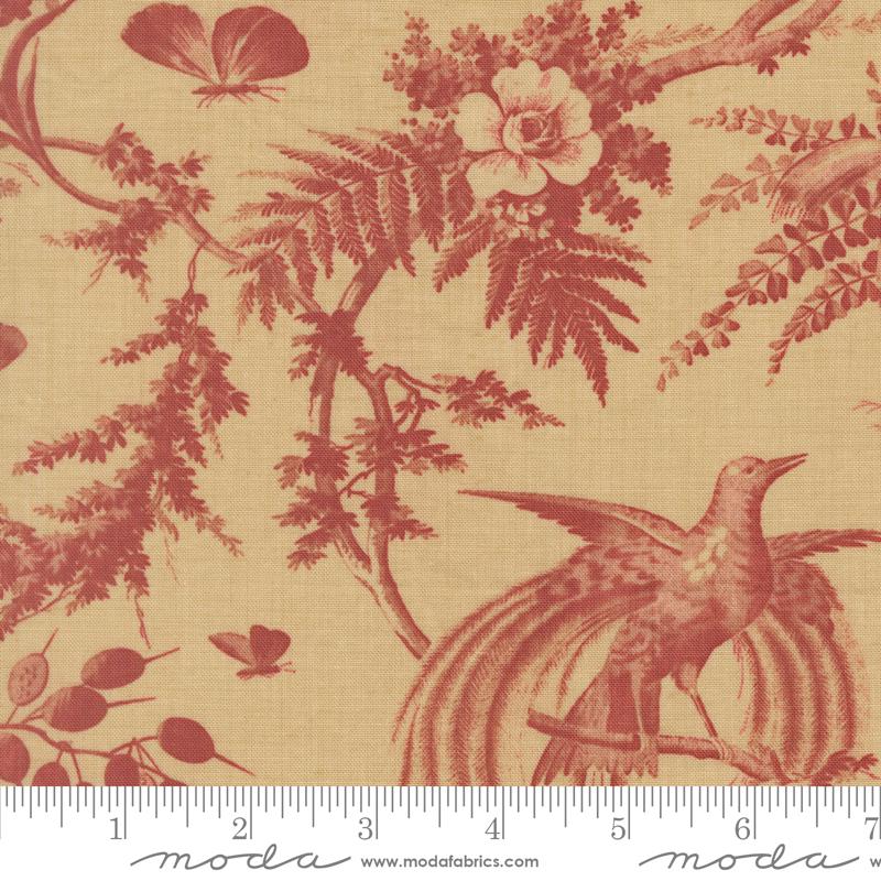 a close-up view of a red and beige floral pattern with a bird perched on a branch.
