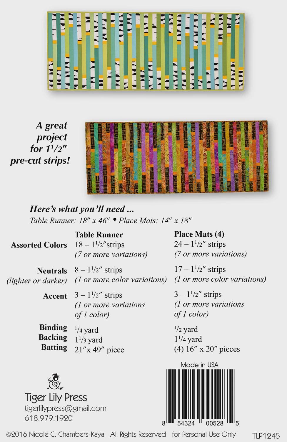 Straight & Easy Table Runner Pattern 18 x 46 and Place Mats 14 x 18 by Tiger Lily Press TLP1245 Printed Pattern only
