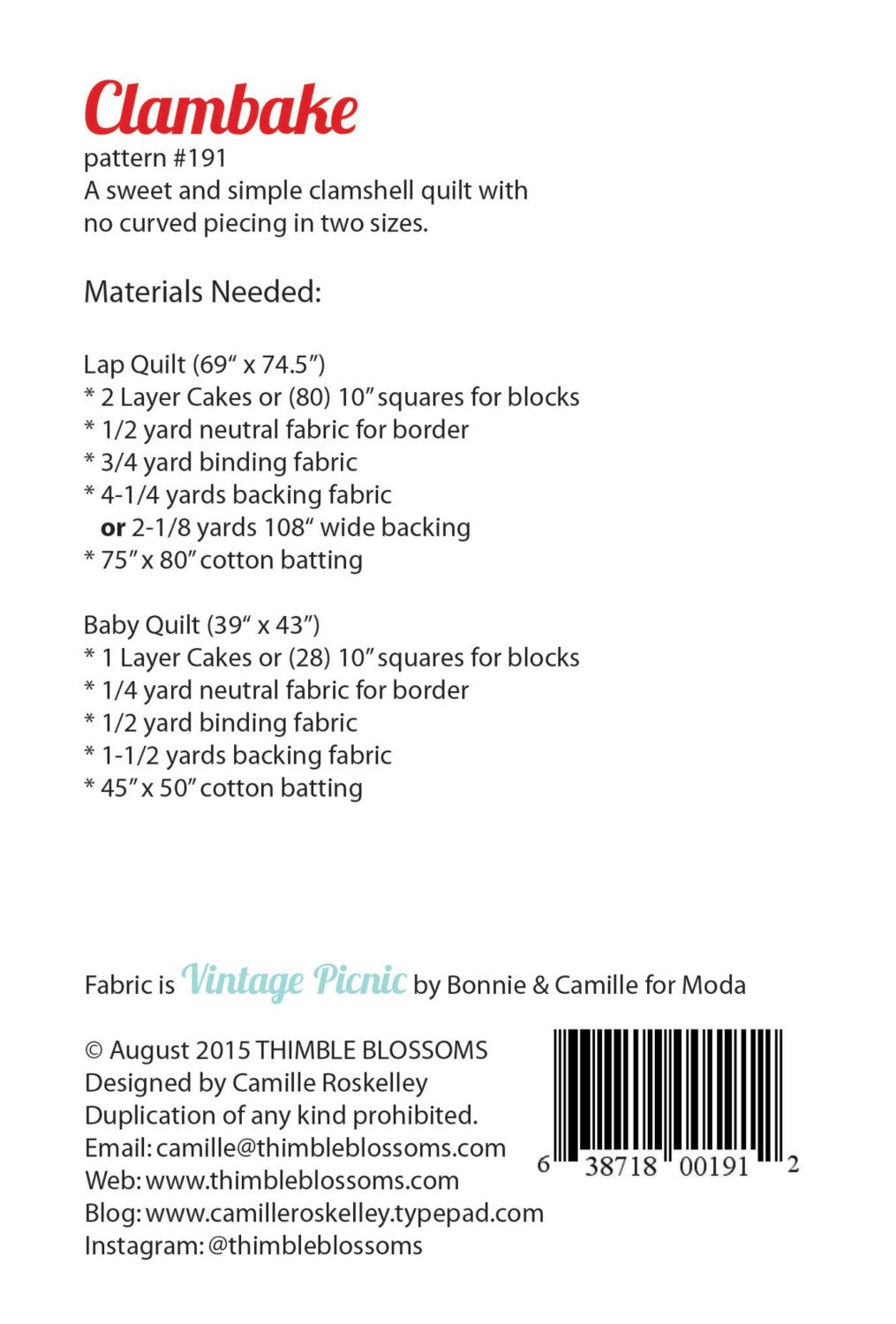 Clambake Pattern by Thimble Blossoms by Camille Roskelley for Moda- TBL191