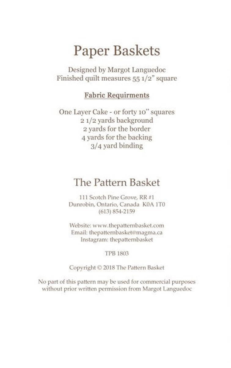 Paper Baskets Quilt Pattern TPB1803 By Margot Languedoc Designs Paper Pattern ONLY