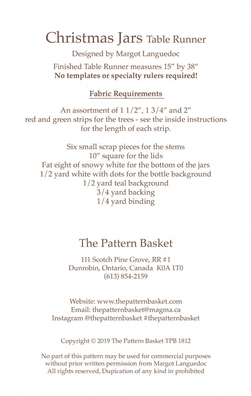 Christmas Jars Table Runner TPB1812 By Margot Languedoc Designs Paper Pattern ONLY