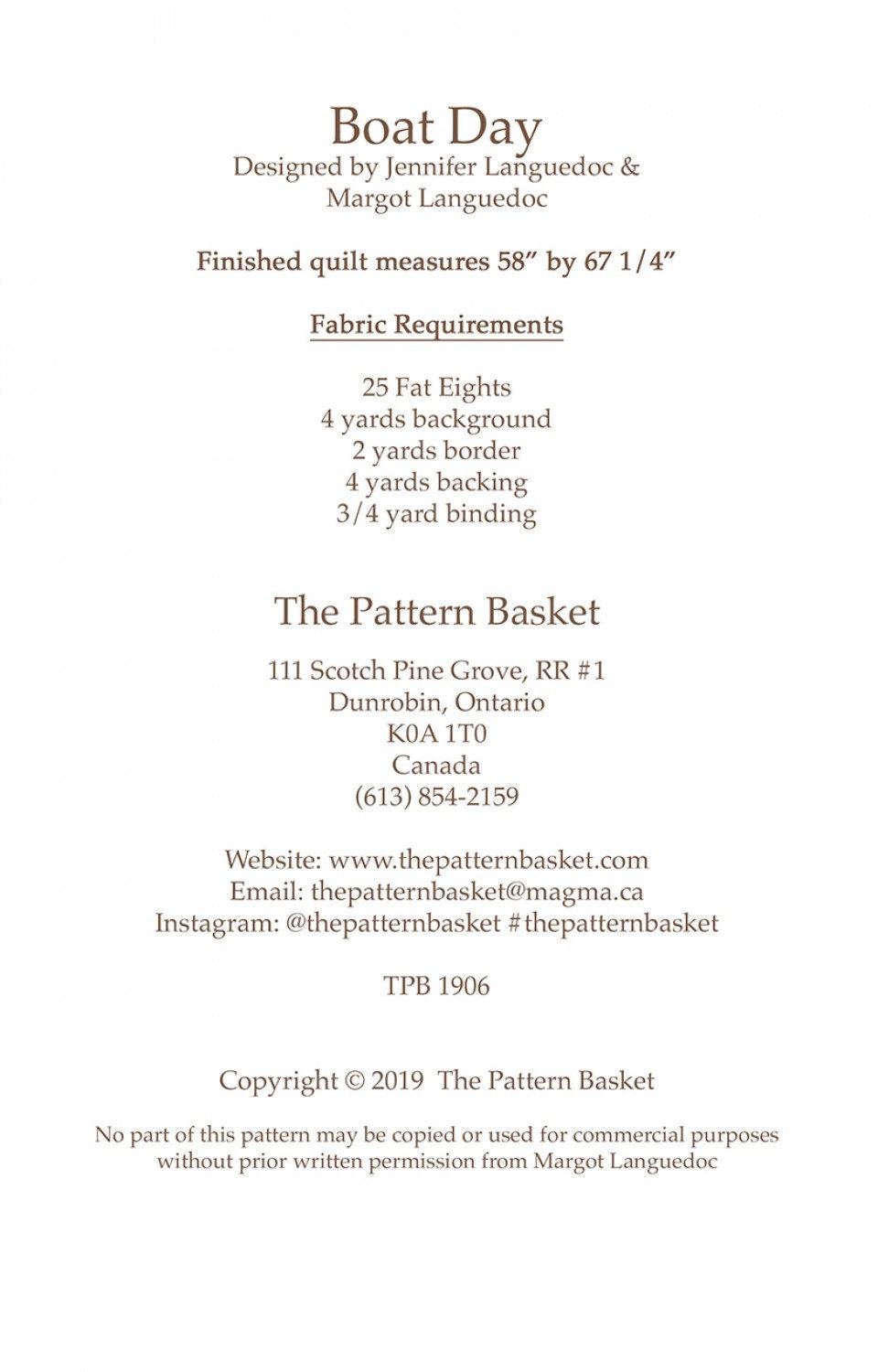 Boat Day Printed Quilt Pattern - TPB1906 By Margot Languedoc Designs Paper Pattern ONLY