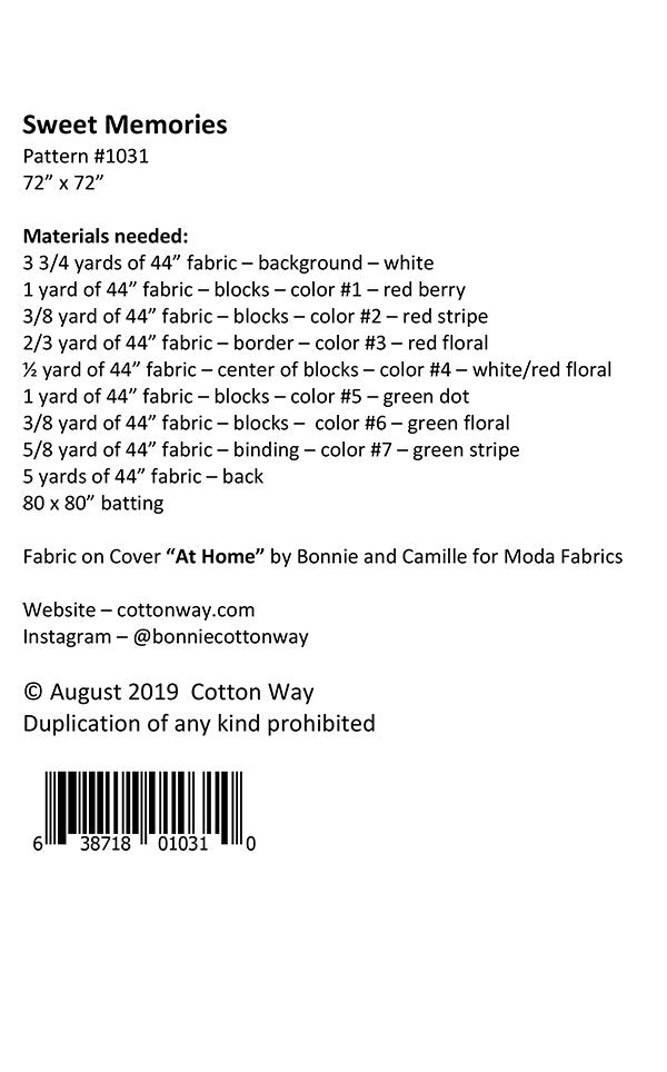 Sweet Memories Quilt Pattern, Cotton Way CW1031P Quilt is 72" x 72"