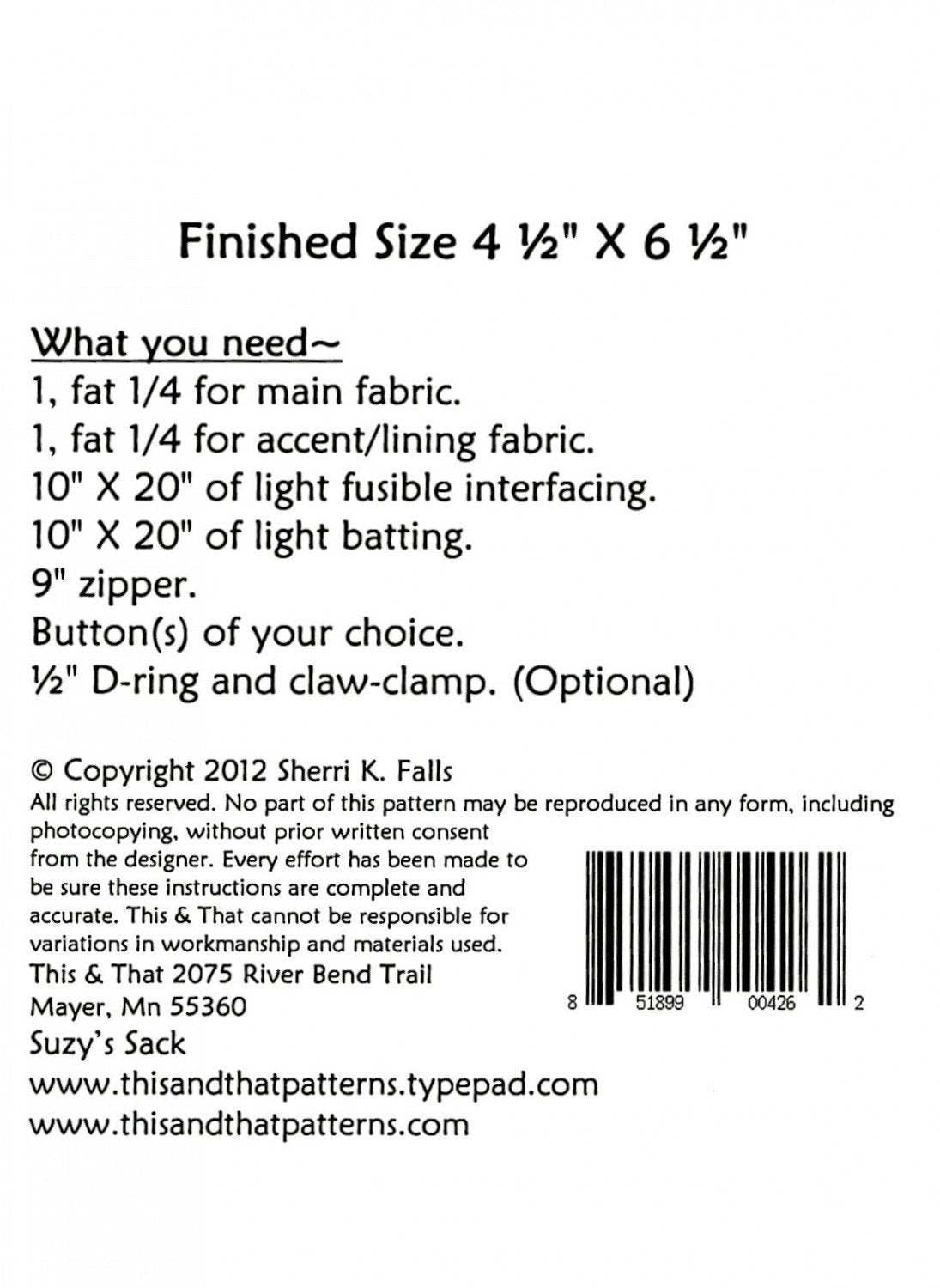 Suzy's Sack TAT238 From This and That by Sherri Falls sewing pattern Little Scraps