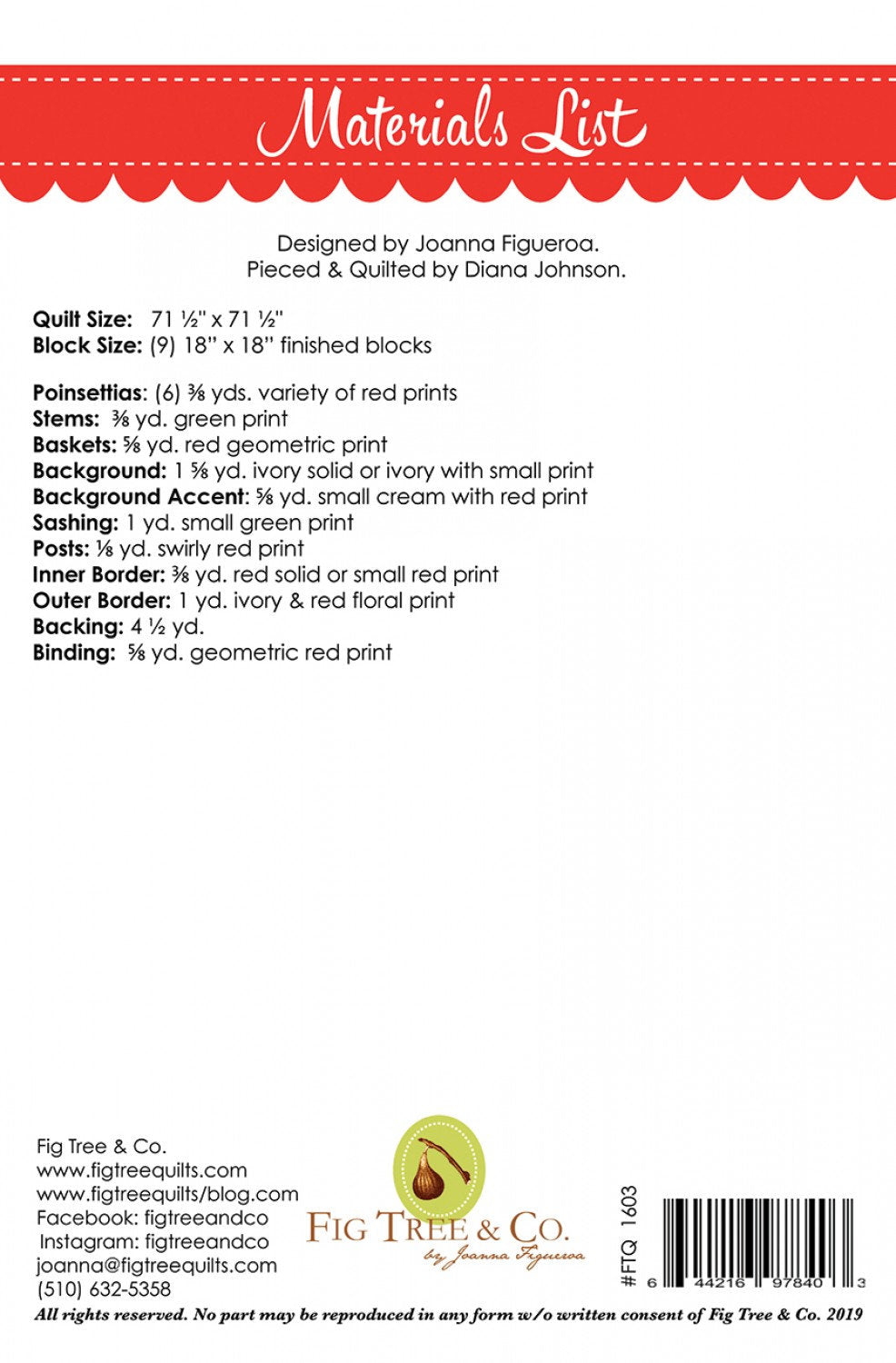 Pointsettias sewing pattern only FTQ1603