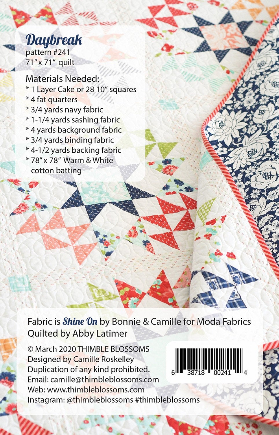 Daybreak Pattern TBL241 by Thimble Bloosoms 71" x 71"