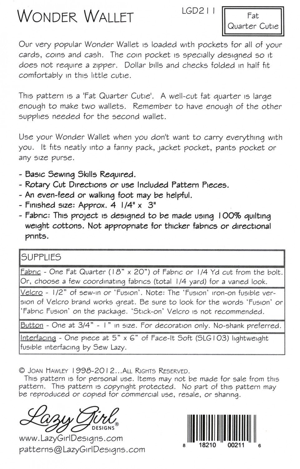 Wonder Wallet From Lazy Girl Designs LGD211 - Joan Hawley By Hawley, Joan